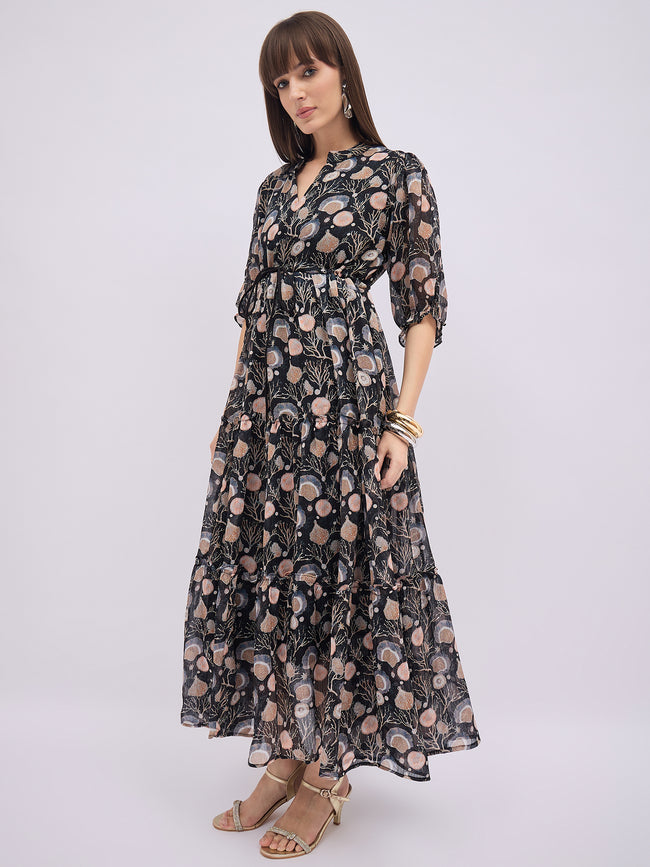 Multi BLENDED Printed Regular Sleeves Floral Dress