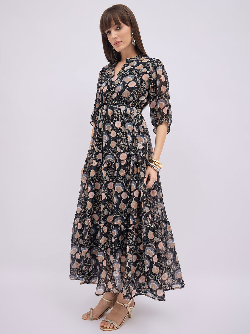 Multi BLENDED Printed Regular Sleeves Floral Dress