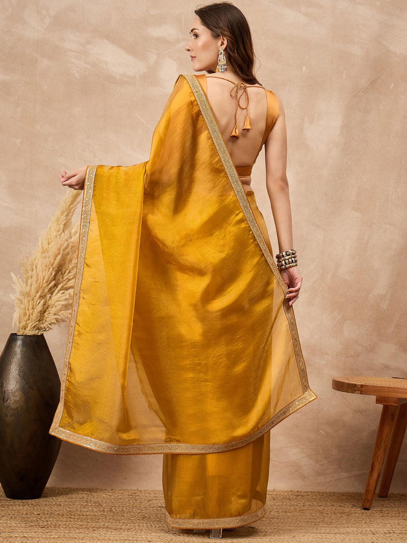 Yellow Satin Solid with Coding Border Saree with Unstitched Blouse