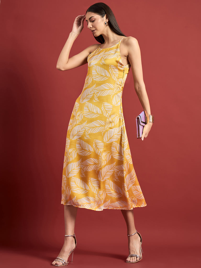 Mustard Polyester Printed No Sleeves Floral Dress