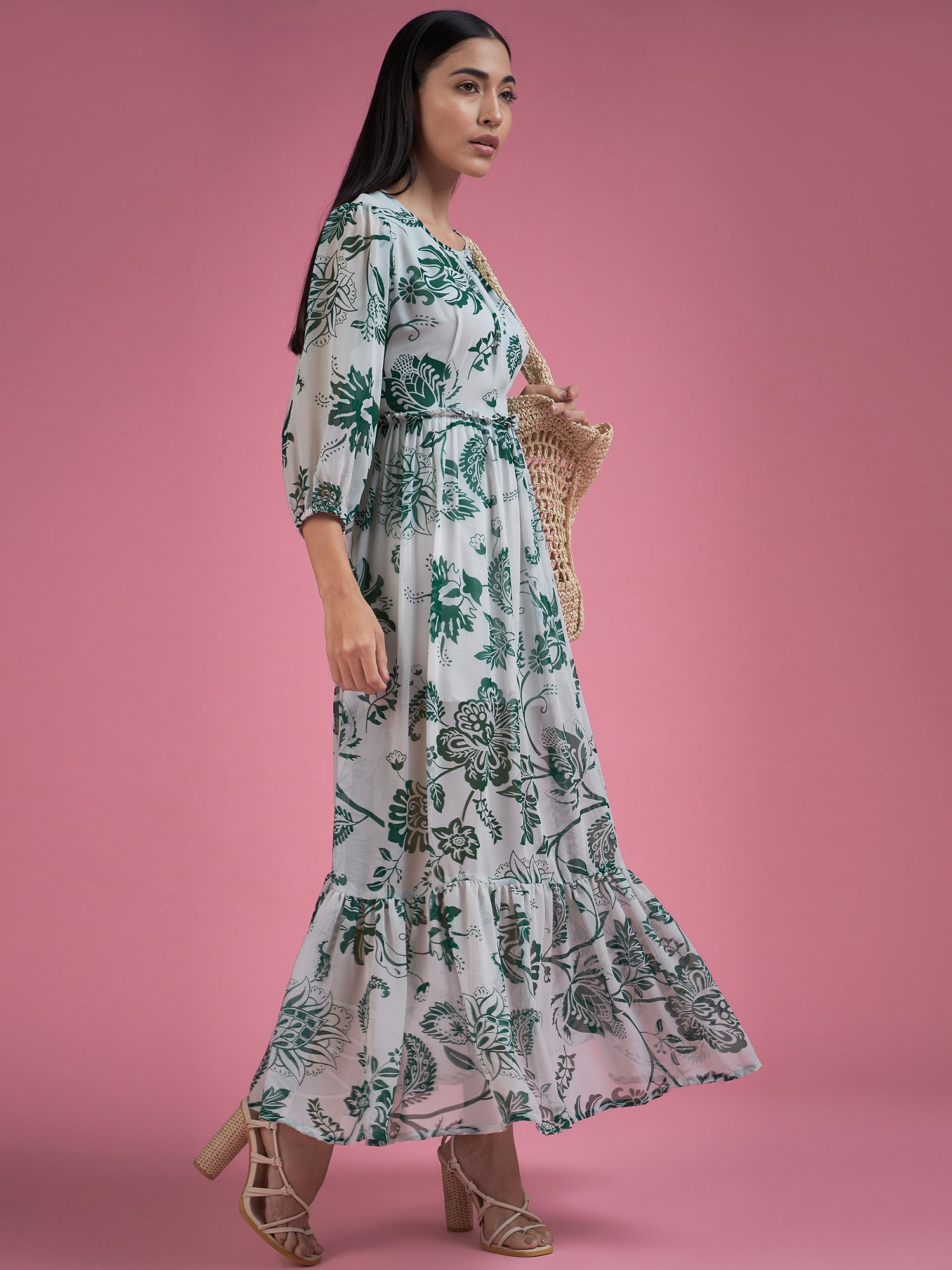 Multicolor Georgette Printed Cuffed Sleeves Floral Print Dress