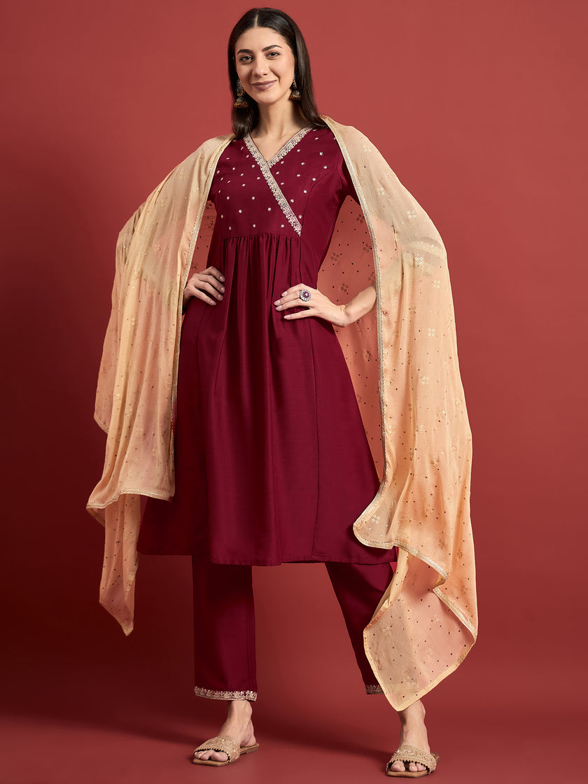 Maroon Embroideried Anarkali Kurta  Trouser