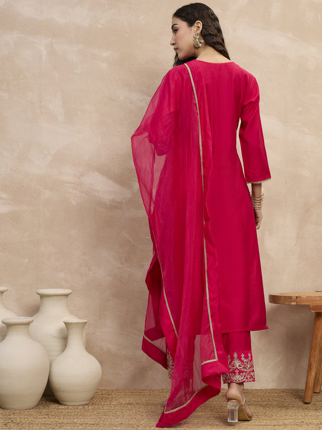 Magenta  Chinon Embroideried Straight Kurta Trouser