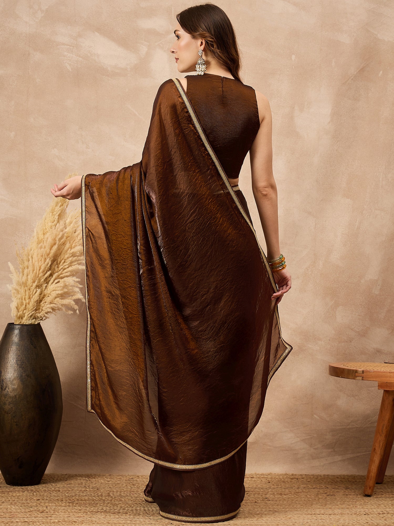 Brown Organza Solid with Coding Lace Saree with Unstitched Blouse
