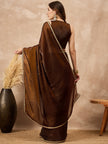 Brown Organza Solid with Coding Lace Saree with Unstitched Blouse