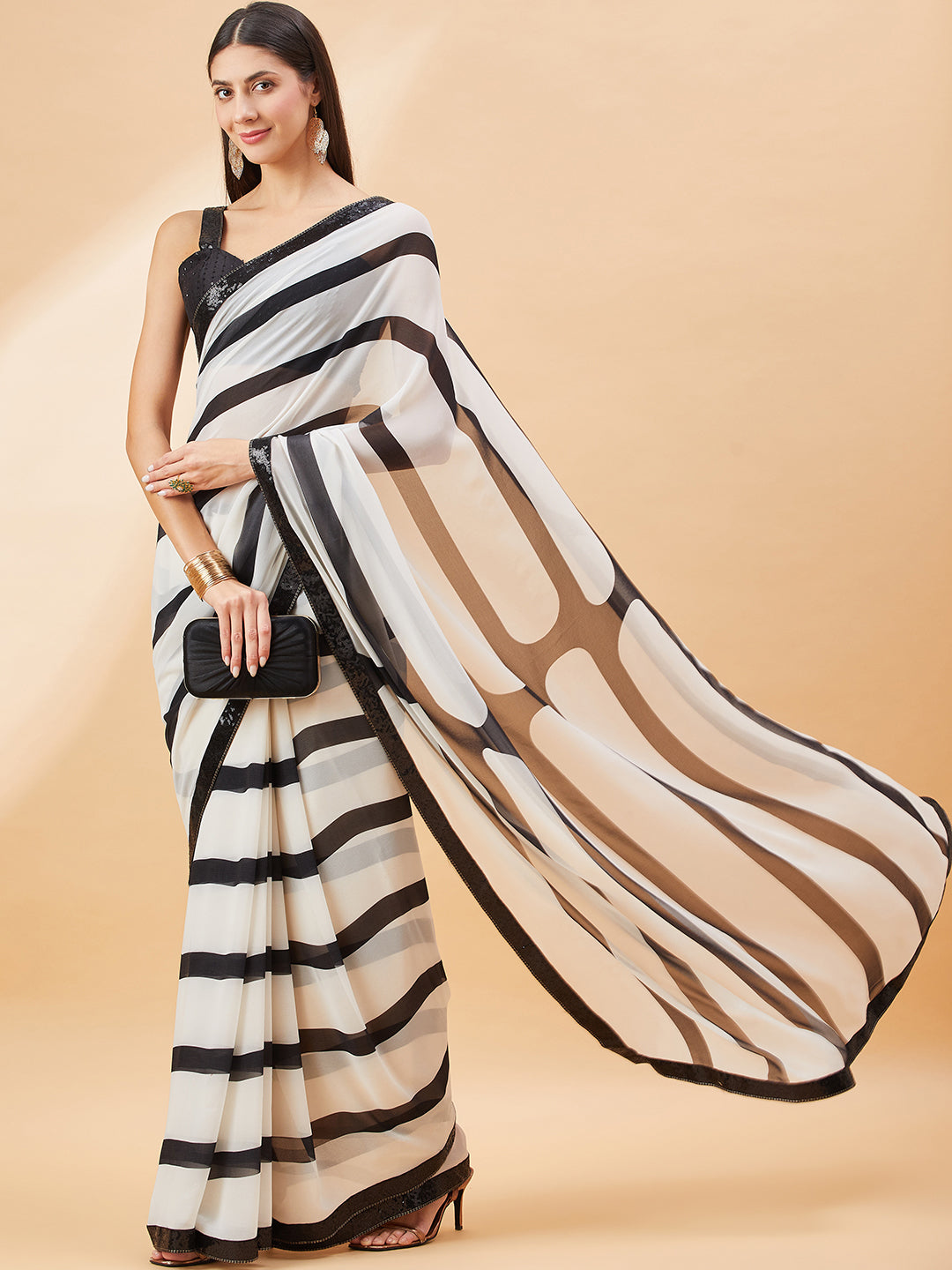 Multicolour Georgette Stripes Print With Embellished Lace Saree with Unstitched Fancy Blouse