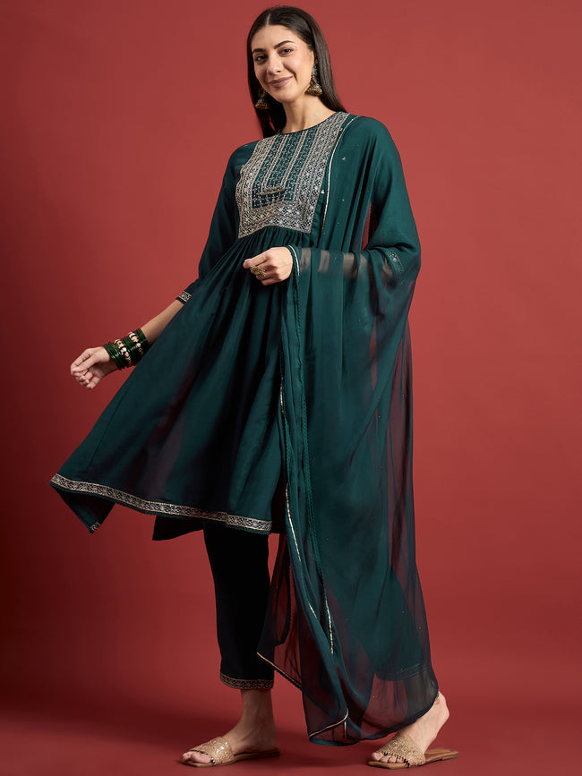 Green   Embroideried A-Line Kurta  Trouser