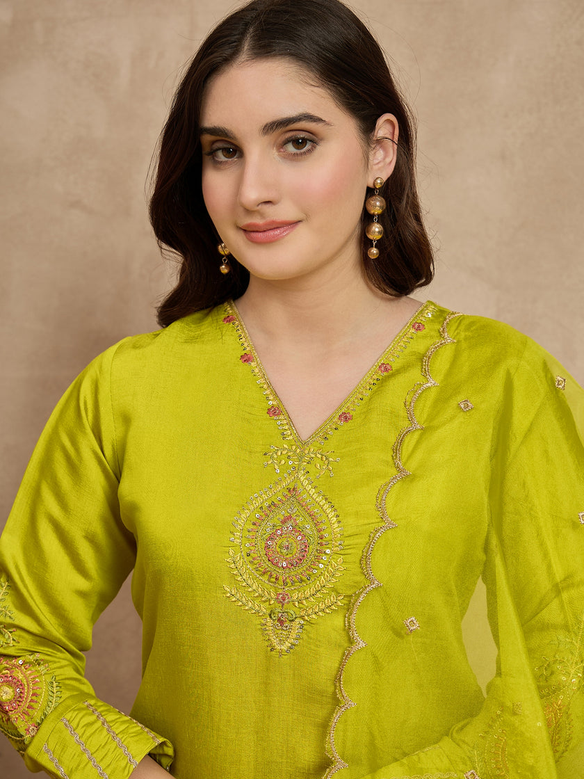 Yellow  Silk Blend Embroideried Straight Kurta Sharara