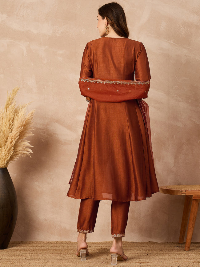 Rust  Silk Blend Embroideried A-Line Kurta Trouser