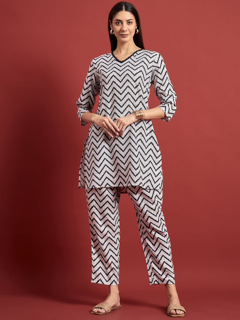 White  Silk Blend Printed A-Line Kurta  Trouser