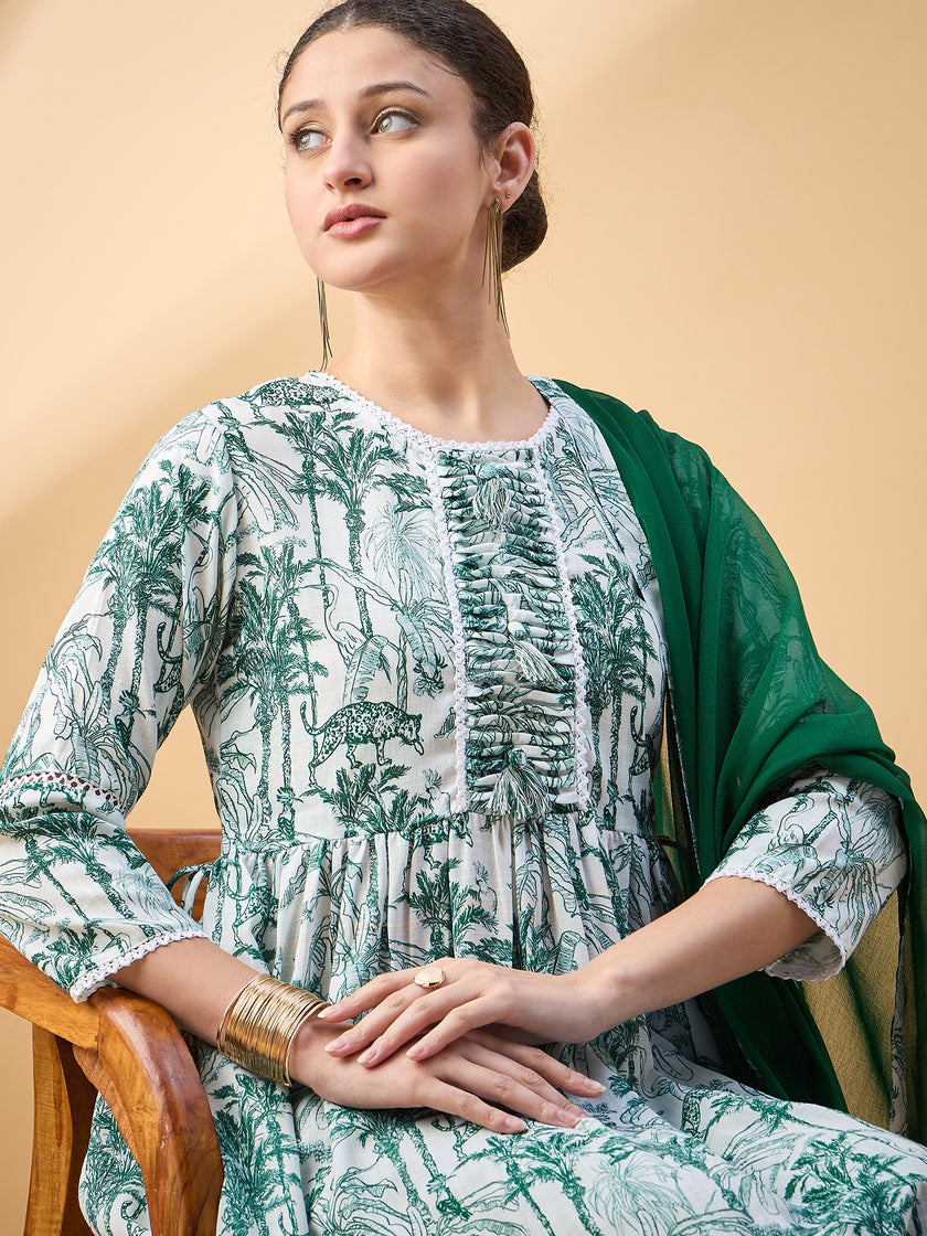 Multi  Cotton Blend Printed A-Line Kurta  Trouser