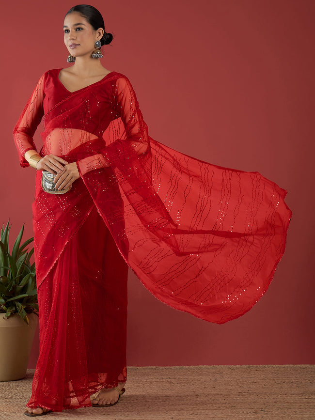 Red Net  Sequinned with Embllished Border Saree with Unstitched Fancy Blouse