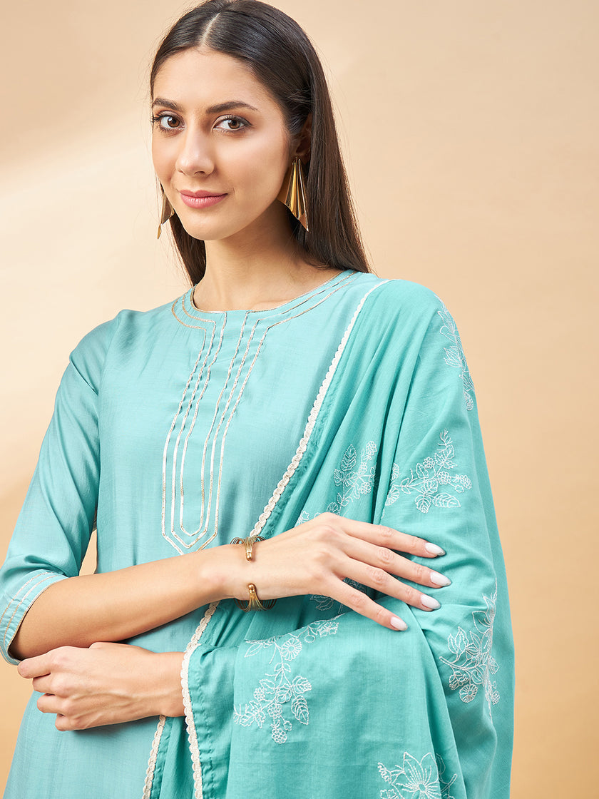 Turquoise Blue Pure Cotton Solid A-Line Kurta Trouser  With Dupatta