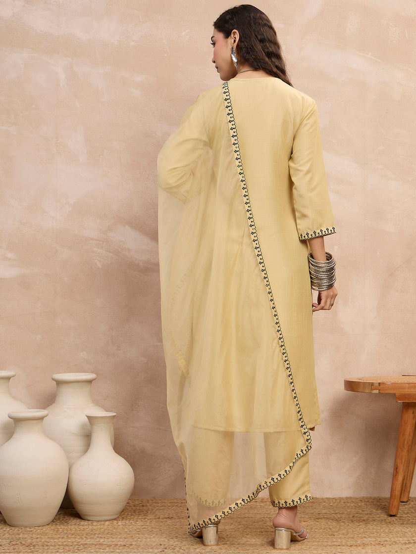 Beige  Chinon Embroideried A-Line Kurta Trouser