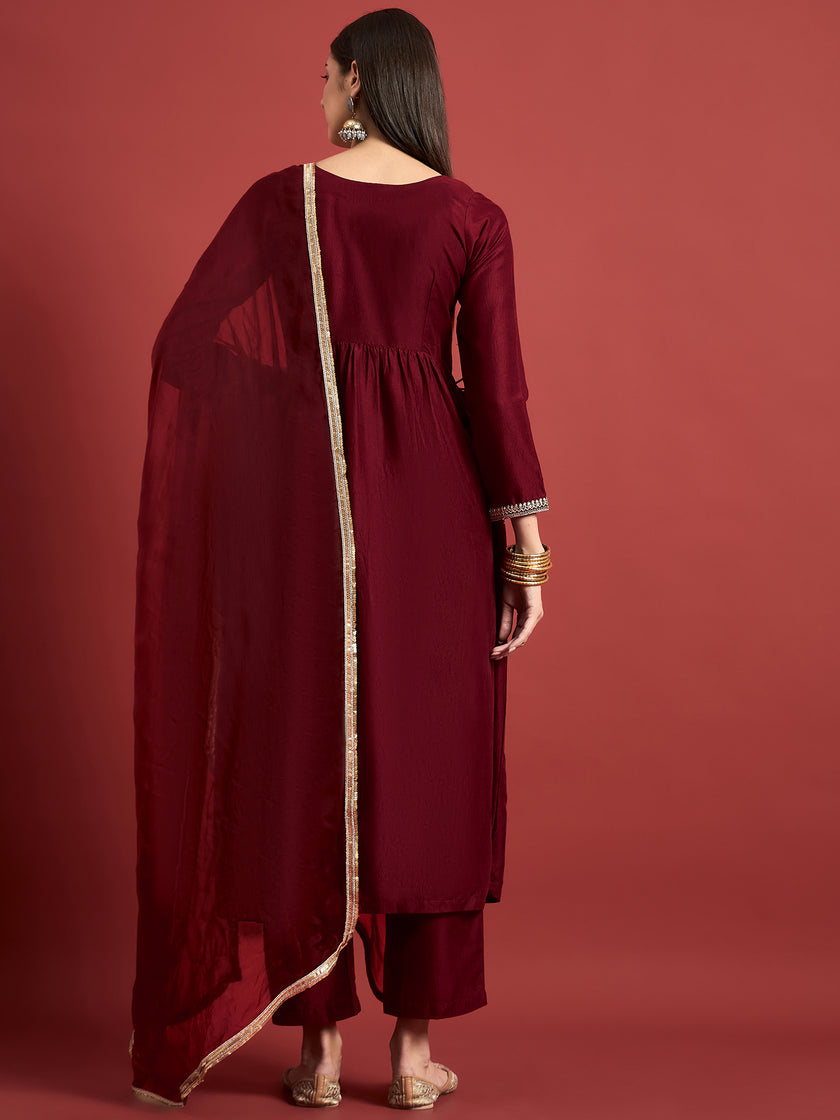 Maroon  Art Silk Embroideried Anarkali Kurta  Trouser