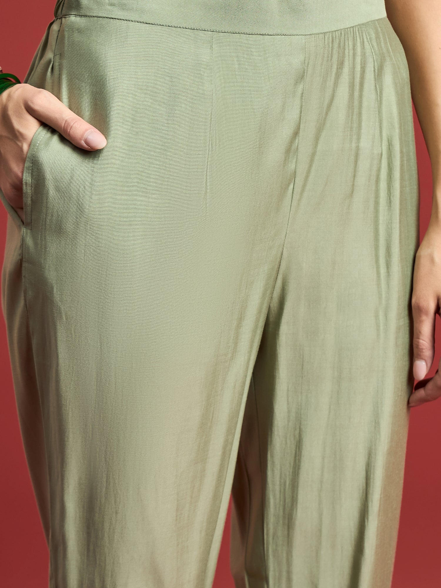 Green  Silk Blend Embroideried A-Line Kurta Trouser