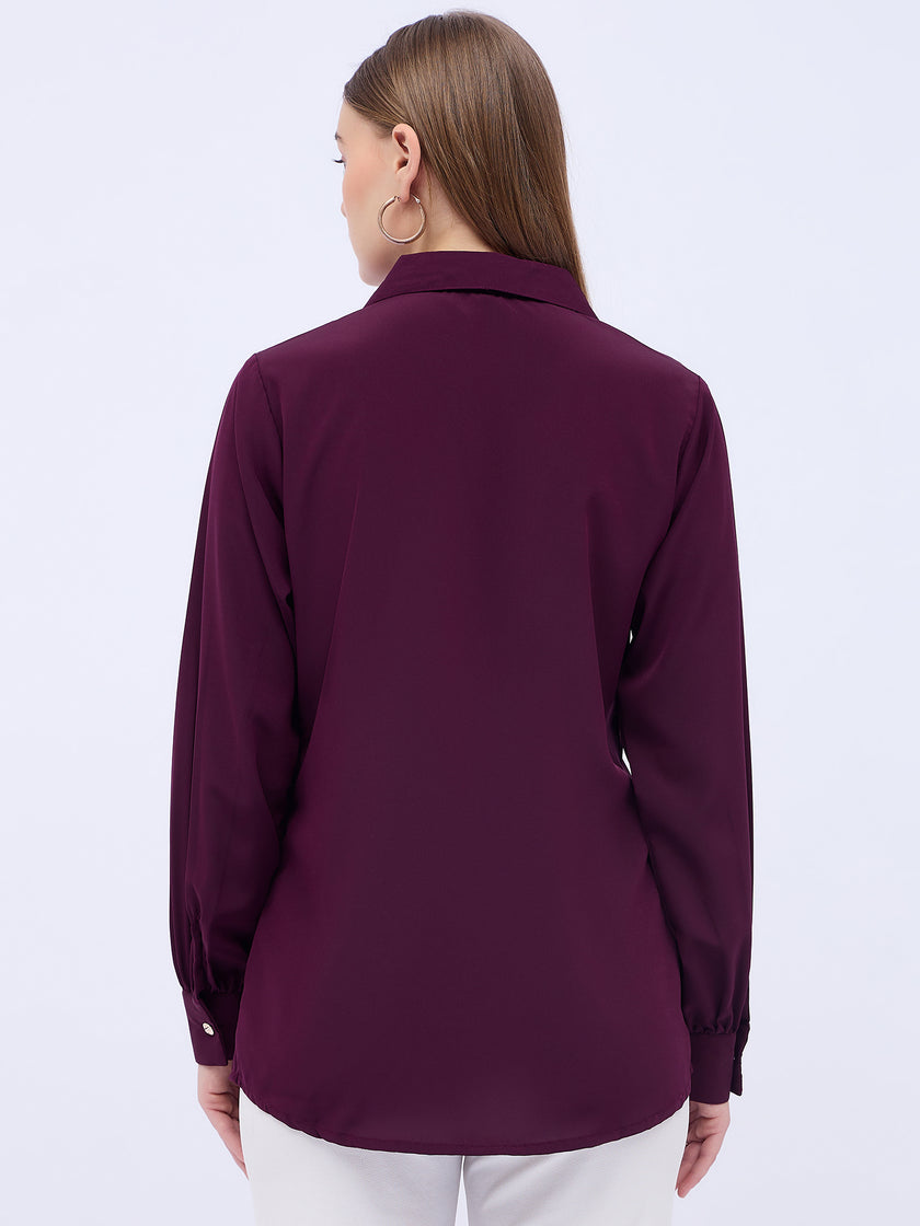Maroon Satin Solid NA Regular Sleeves New Basics  Tops