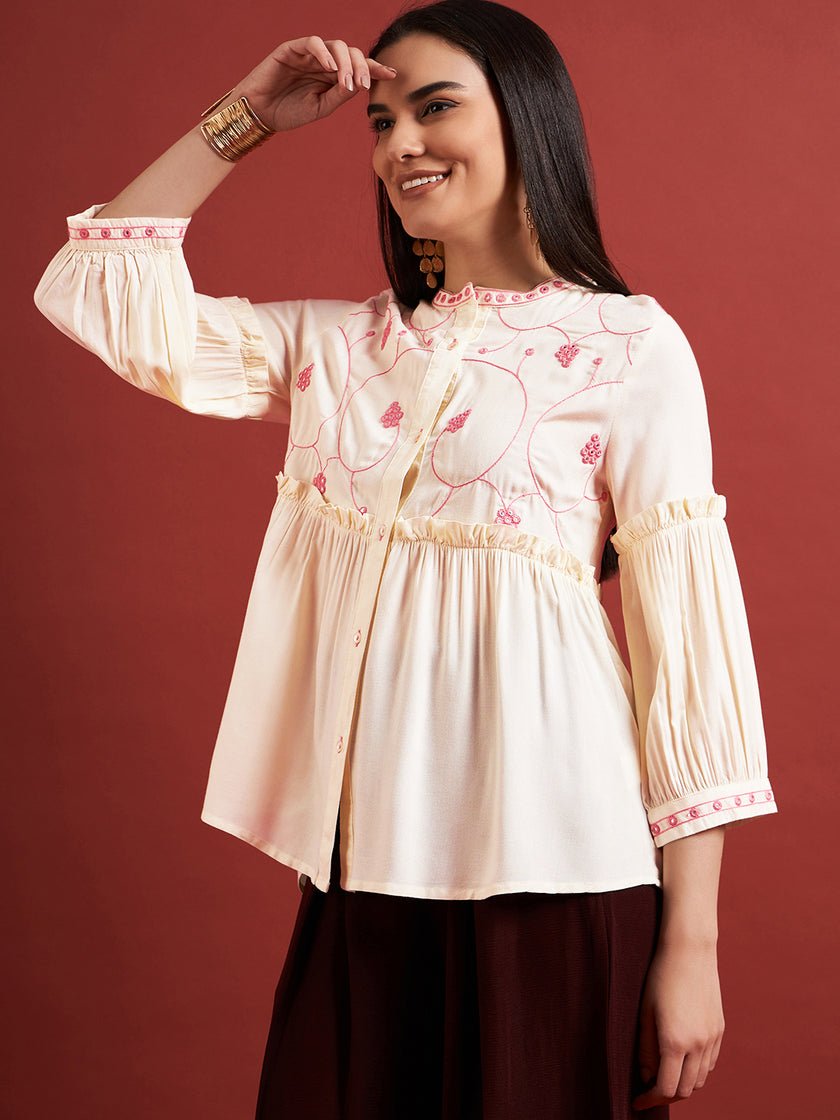 Cream Pure Cotton Embroidered Gathered or Pleated Puff Sleeves Floral Print Tops
