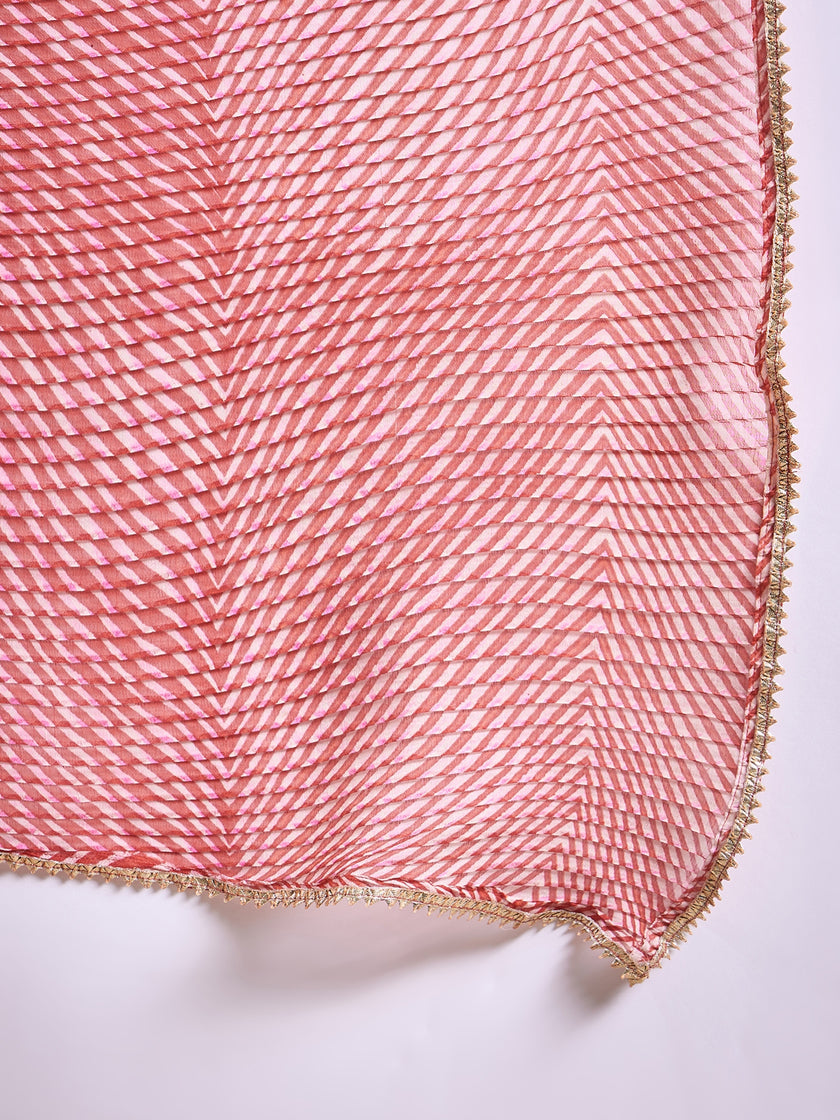 Pink  Pure Chiffon ZigZag Pattern Print With Embellished Lace Saree with Unstitched Fancy Blouse