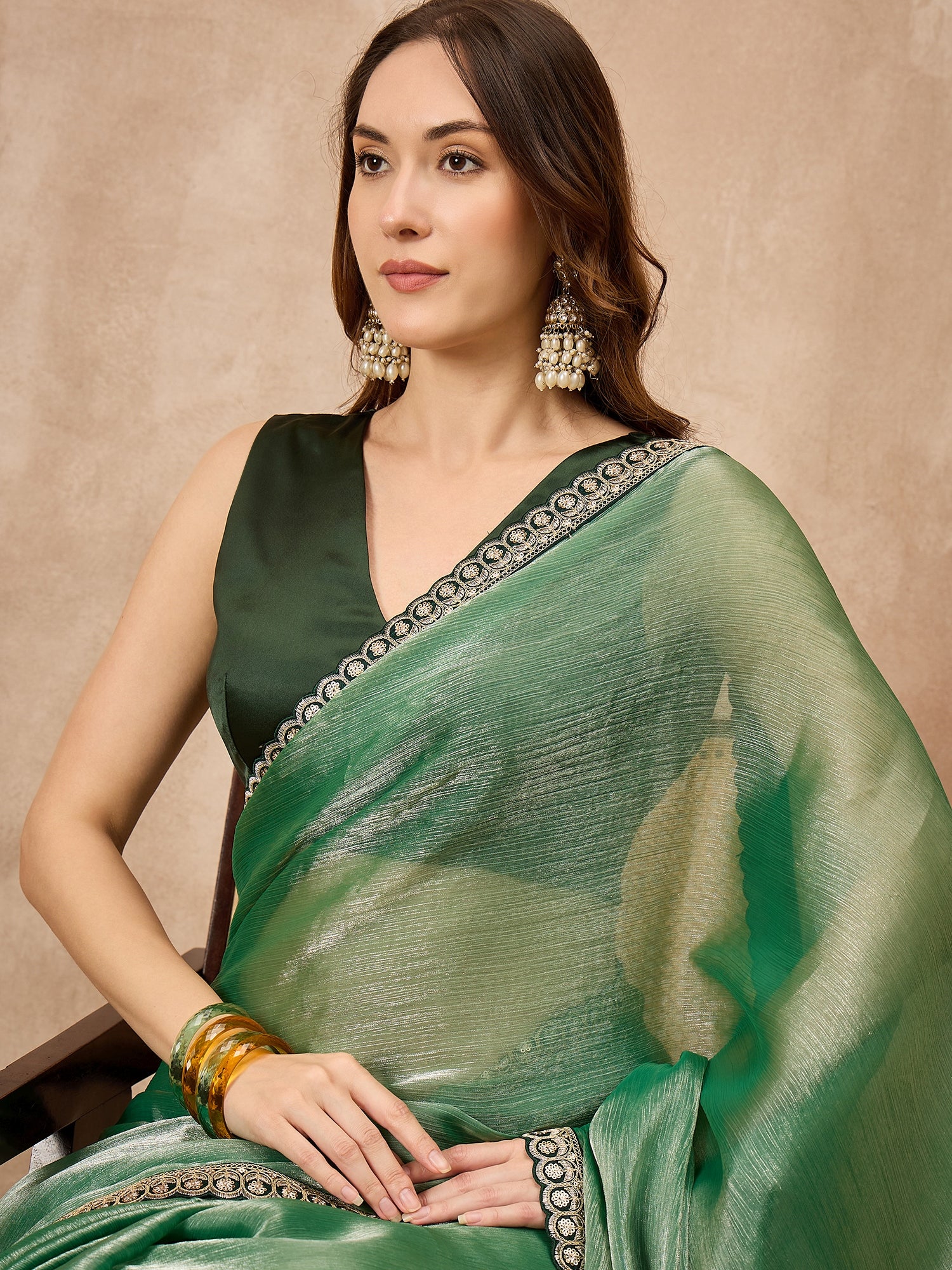 Green Satin Solid with Embroidered Border Saree with Unstitched Blouse