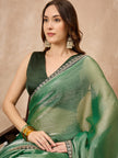 Green Satin Solid with Embroidered Border Saree with Unstitched Blouse