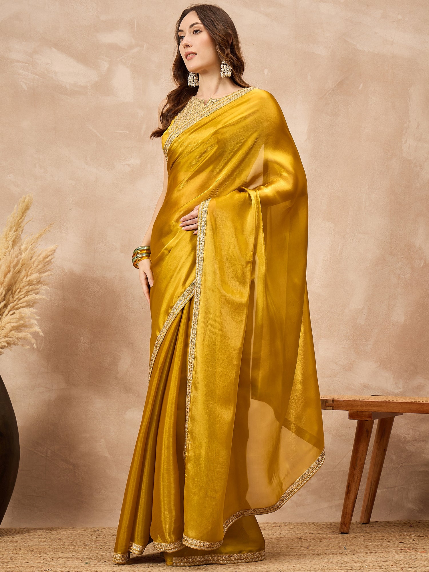 Mustard Satin Solid With Embroidered Border Saree with Unstitched Blouse