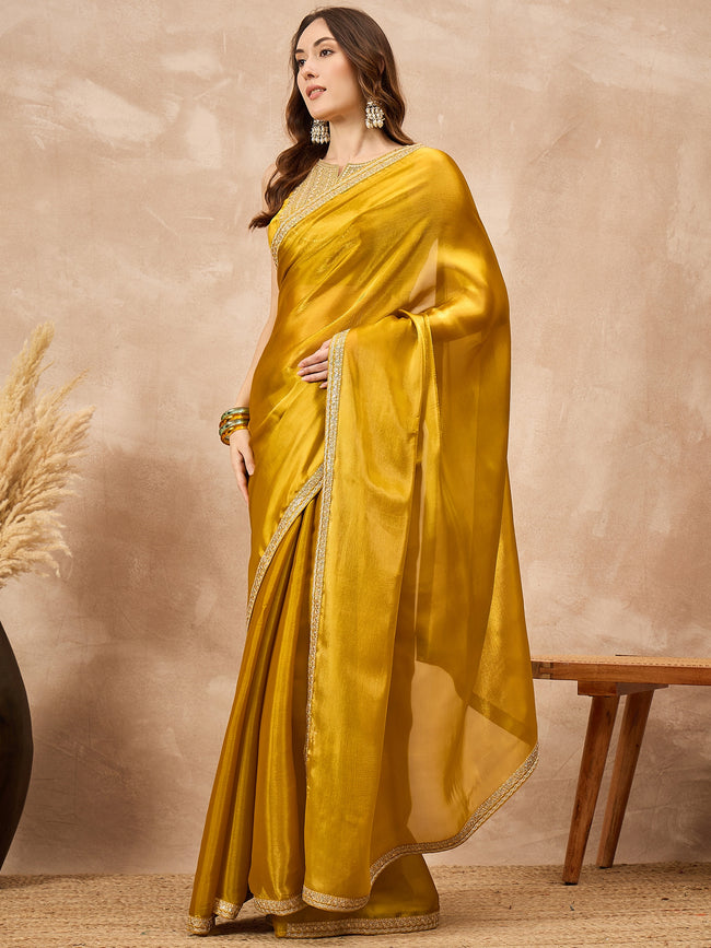 Mustard Satin Solid With Embroidered Border Saree with Unstitched Blouse