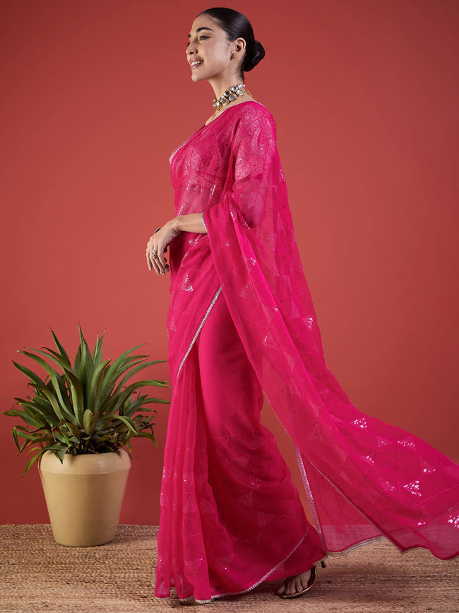 Rose Pure Chiffon Sequence Embroidery With Embellished Border Saree with Unstitched Fancy Blouse