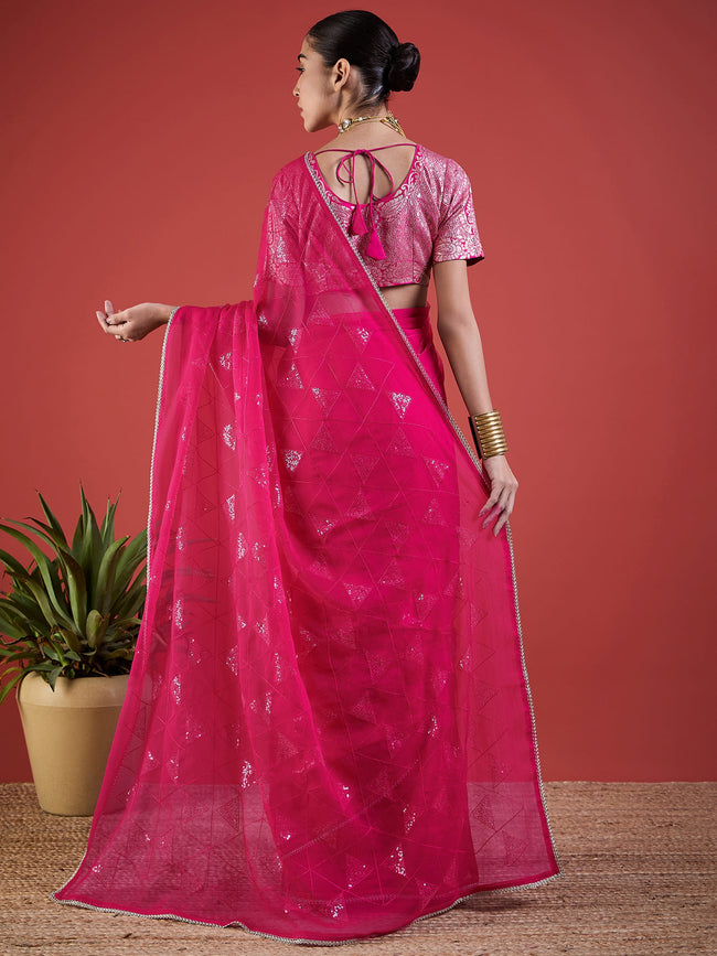 Rose Pure Chiffon Sequence Embroidery With Embellished Border Saree with Unstitched Fancy Blouse