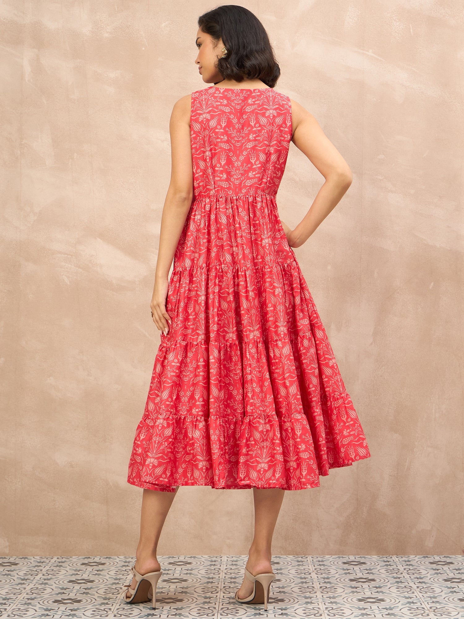 Red Polyester Printed No Sleeves Floral Dress