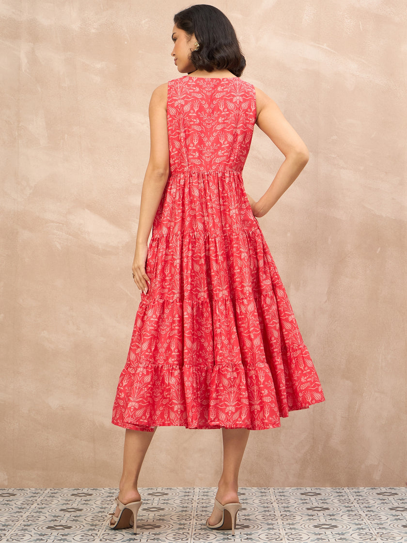 Red Polyester Printed No Sleeves Floral Dress