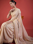 Beige Pure Chiffon Printed with Readyamde Lace Saree with Unstitched Fancy Blouse