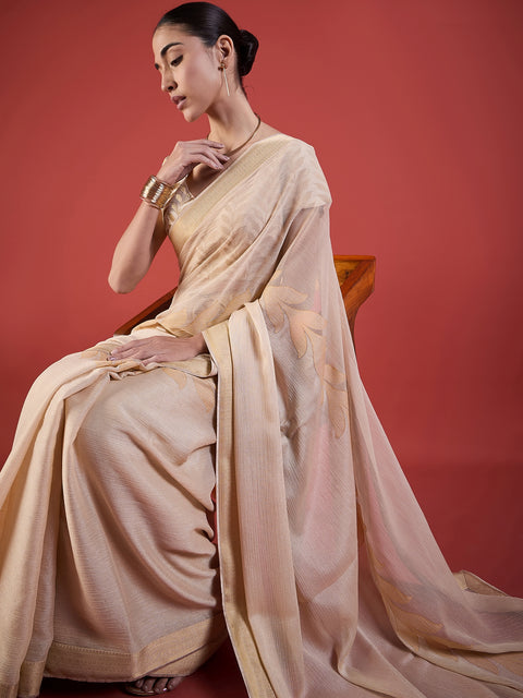 Beige Pure Chiffon Printed with Readyamde Lace Saree with Unstitched Fancy Blouse
