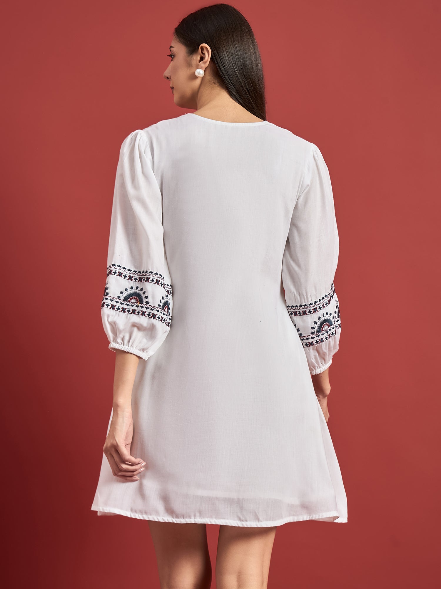White Cotton Embroidered Puff Sleeves Floral Dress