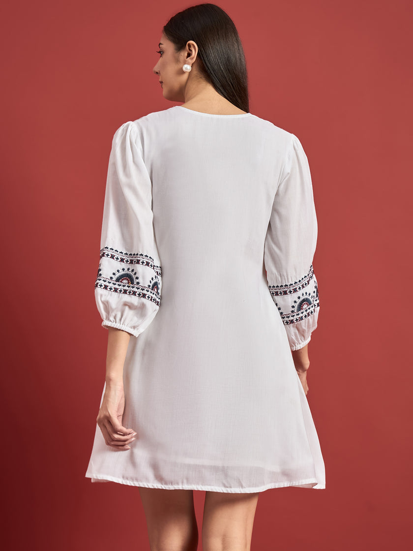 White Cotton Embroidered Puff Sleeves Floral Dress