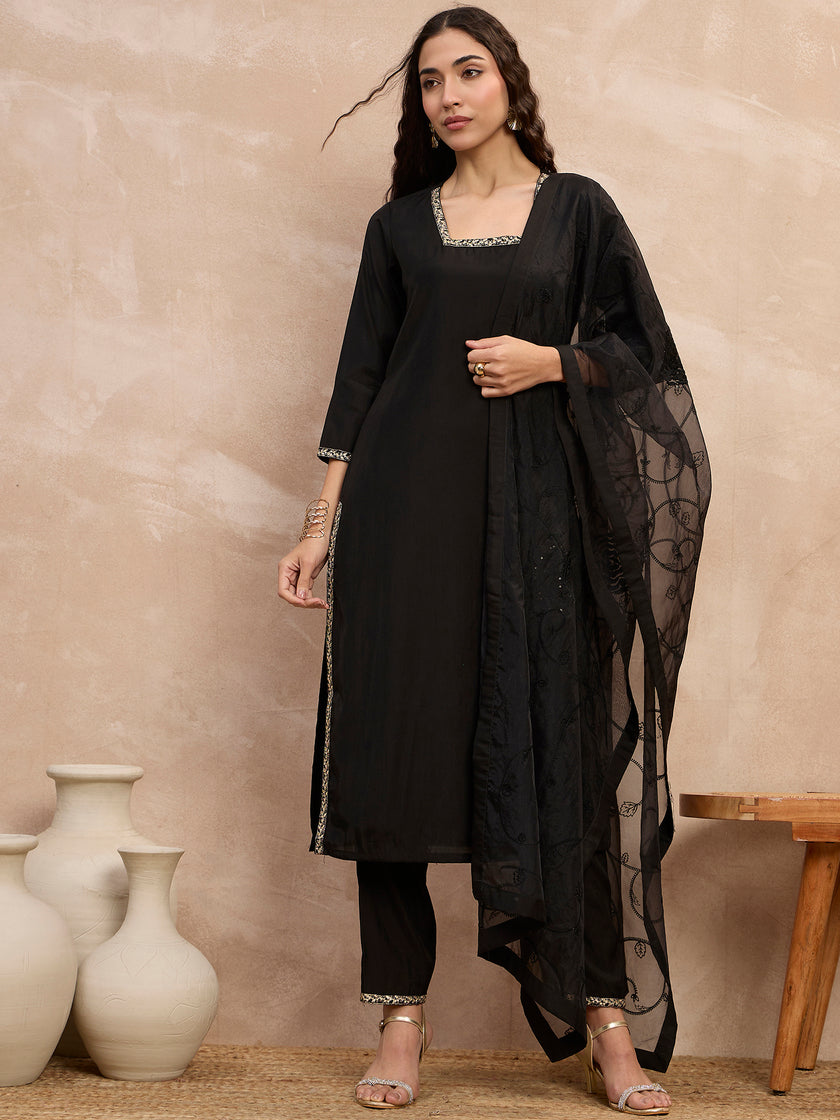 Black  Chanderi Silk Embroideried Straight Kurta Trouser