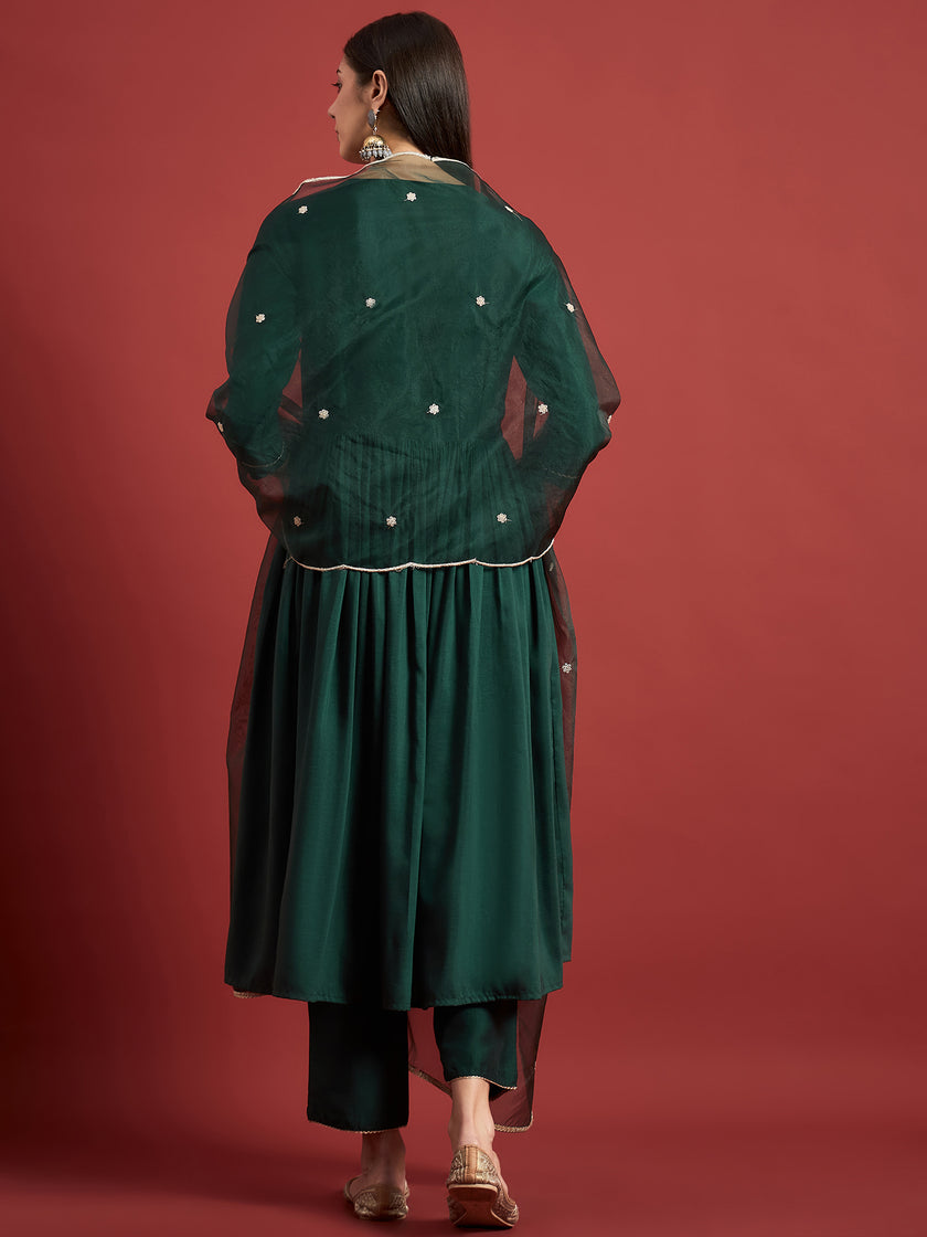 Green  Chinon Embroideried Anarkali Kurta  Trouser