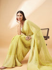 Parrot Green Pure Chiffon Zigzag Pleated Crush Print With Embellished Lace Saree with Unstitched Fancy Blouse