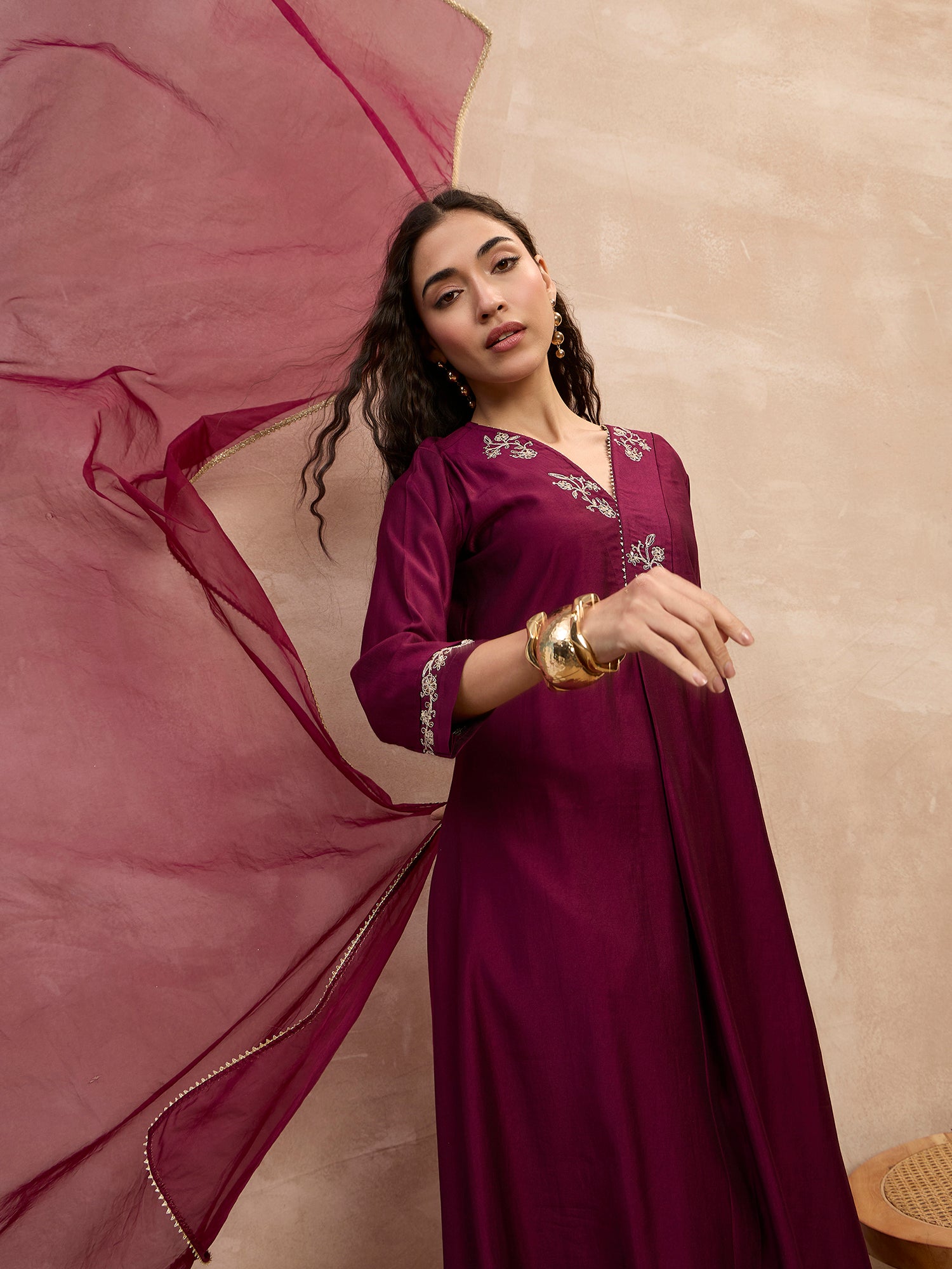 Wine  Chinon Embroideried A-Line Kurta Trouser