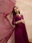 Wine  Chinon Embroideried A-Line Kurta Trouser