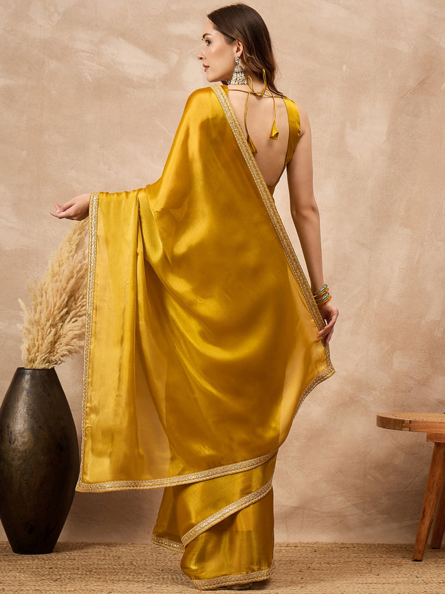 Mustard Satin Solid With Embroidered Border Saree with Unstitched Blouse