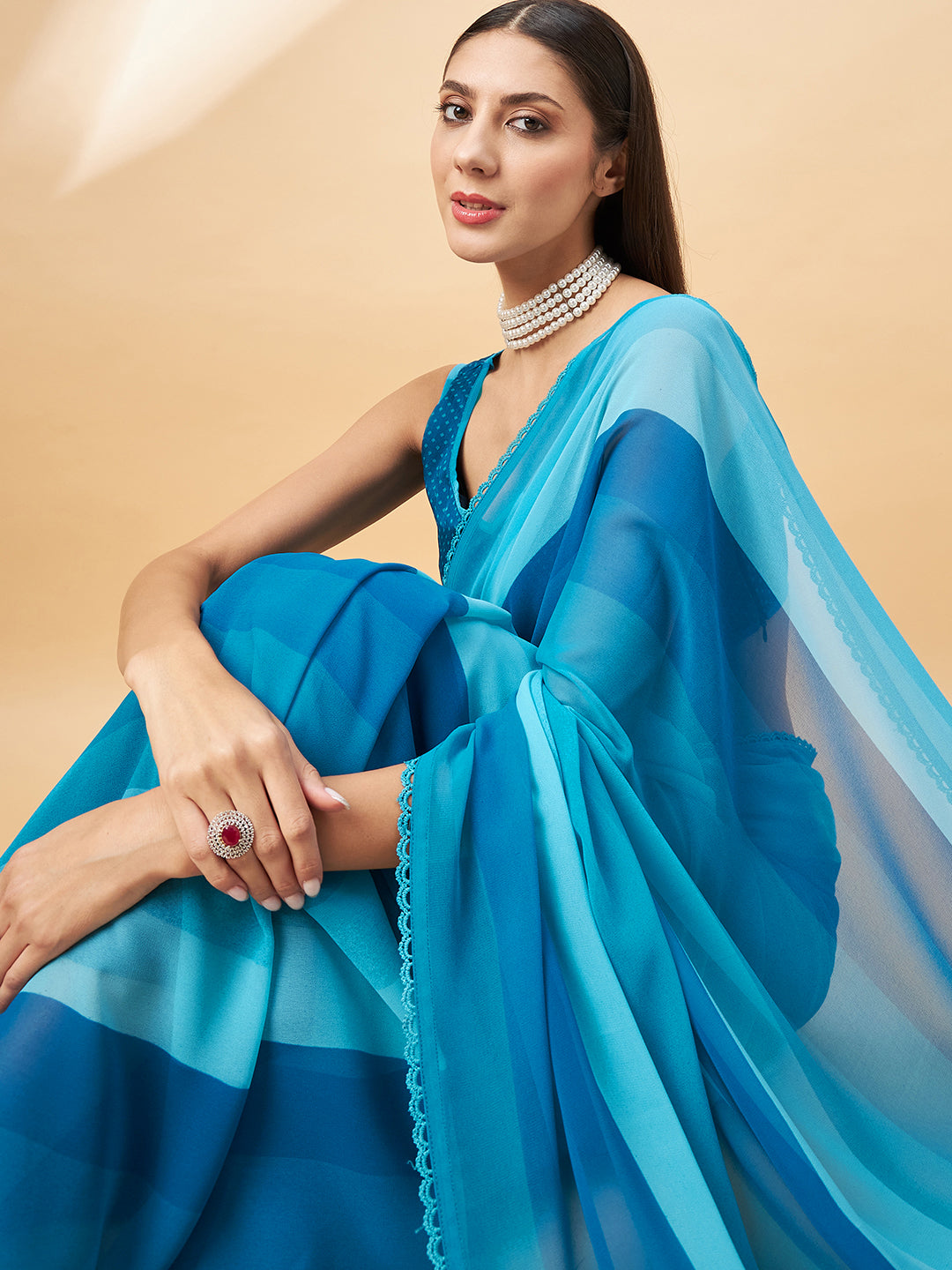 Blue Georgette Printed with Embllished Lace Saree with Unstitched Fancy Blouse