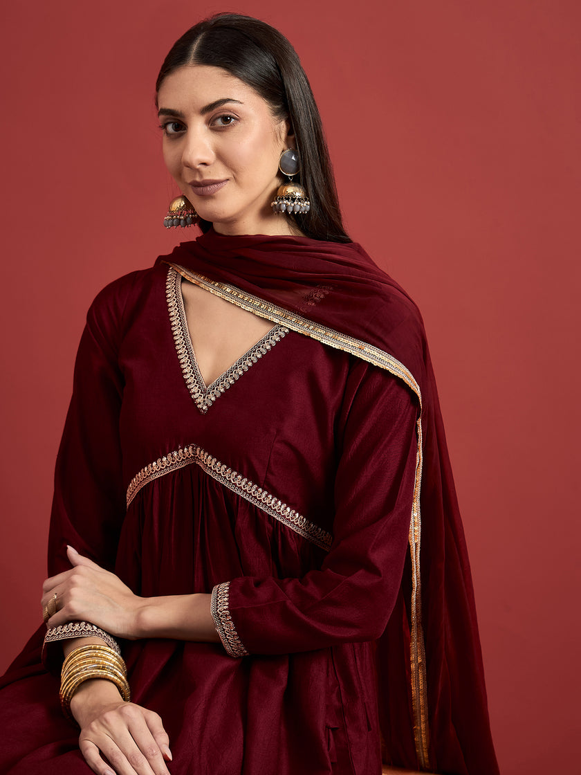 Maroon  Art Silk Embroideried Anarkali Kurta  Trouser