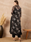 Black Silk Blend Solid A-Line Kurta Trouser With Floral Print Shrug