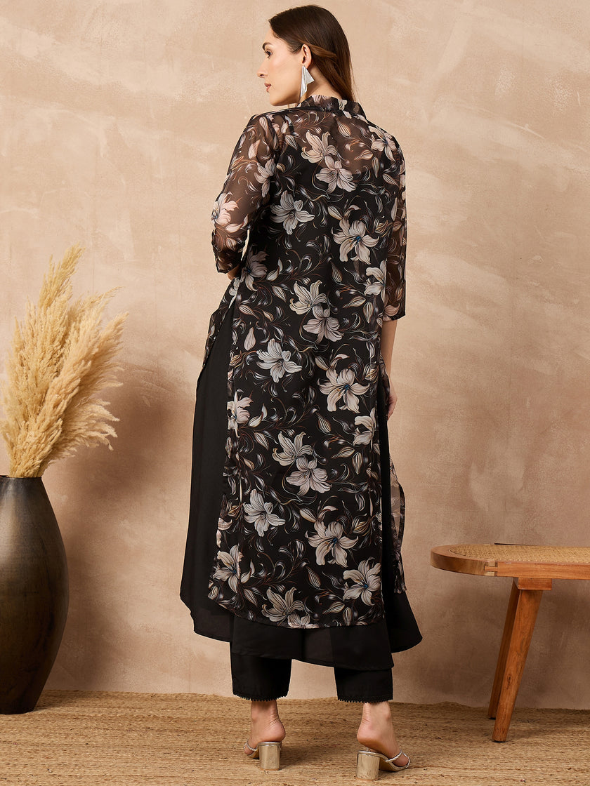 Black Silk Blend Solid A-Line Kurta Trouser With Floral Print Shrug