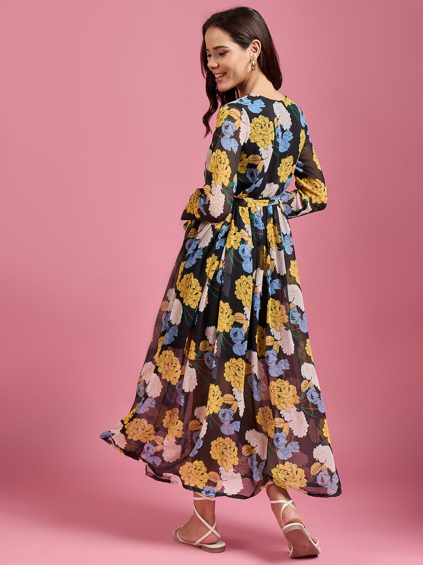 Multi Georgette Printed Regular Sleeves Floral Dress