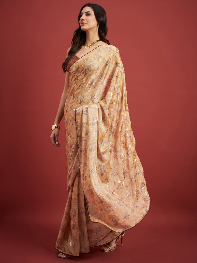 Rust Brasso Digital Floral Print With Embellished Lace Saree with Unstitched Fancy Blouse