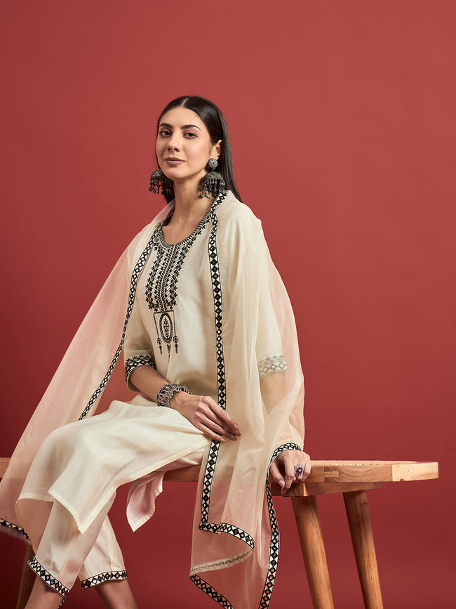 Off White  Art Silk Printed A-Line Kurta  Trouser