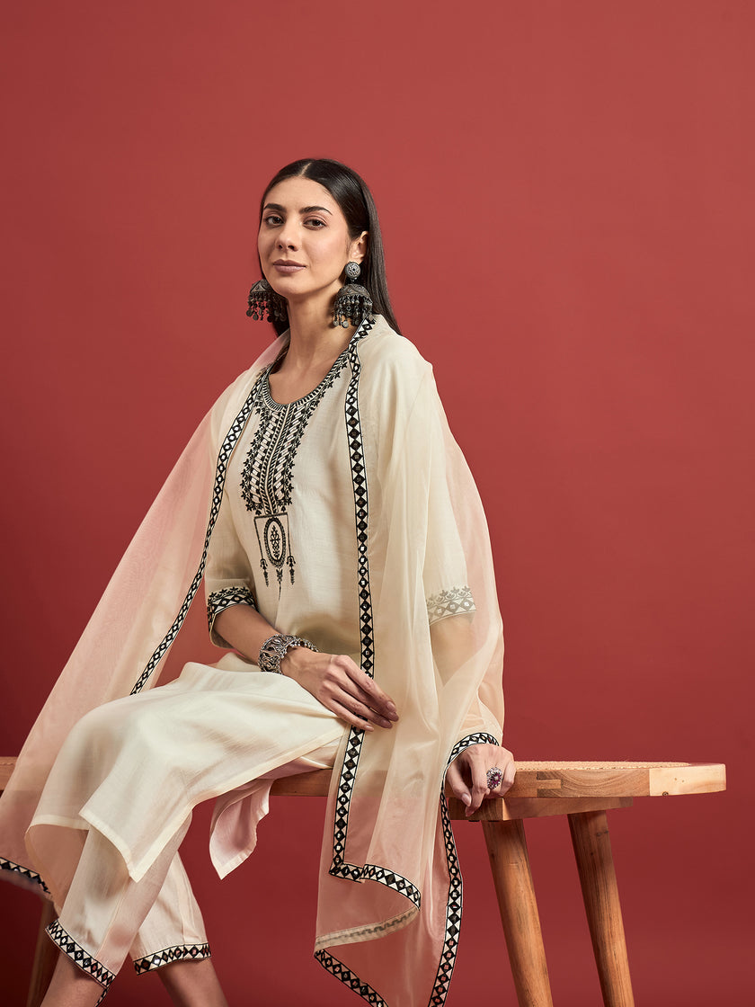 Off White  Art Silk Printed A-Line Kurta  Trouser