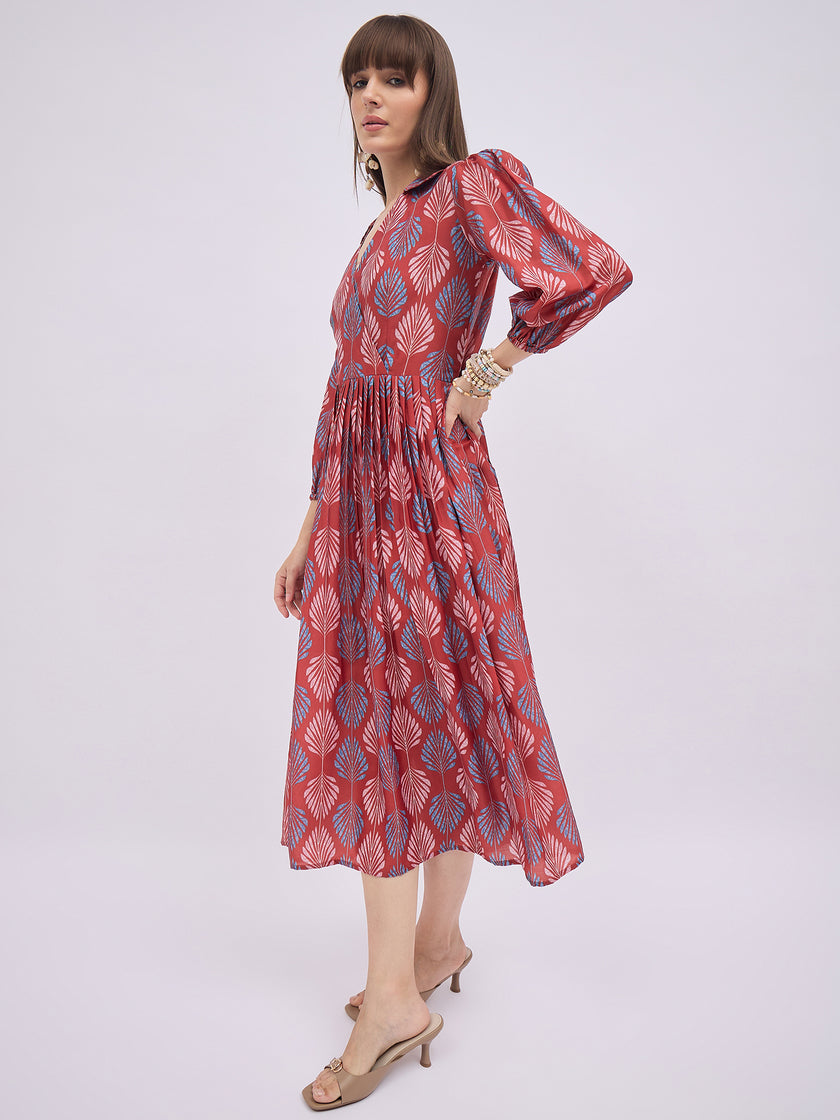 Multi Polyester Printed Puff Sleeves Floral Dress